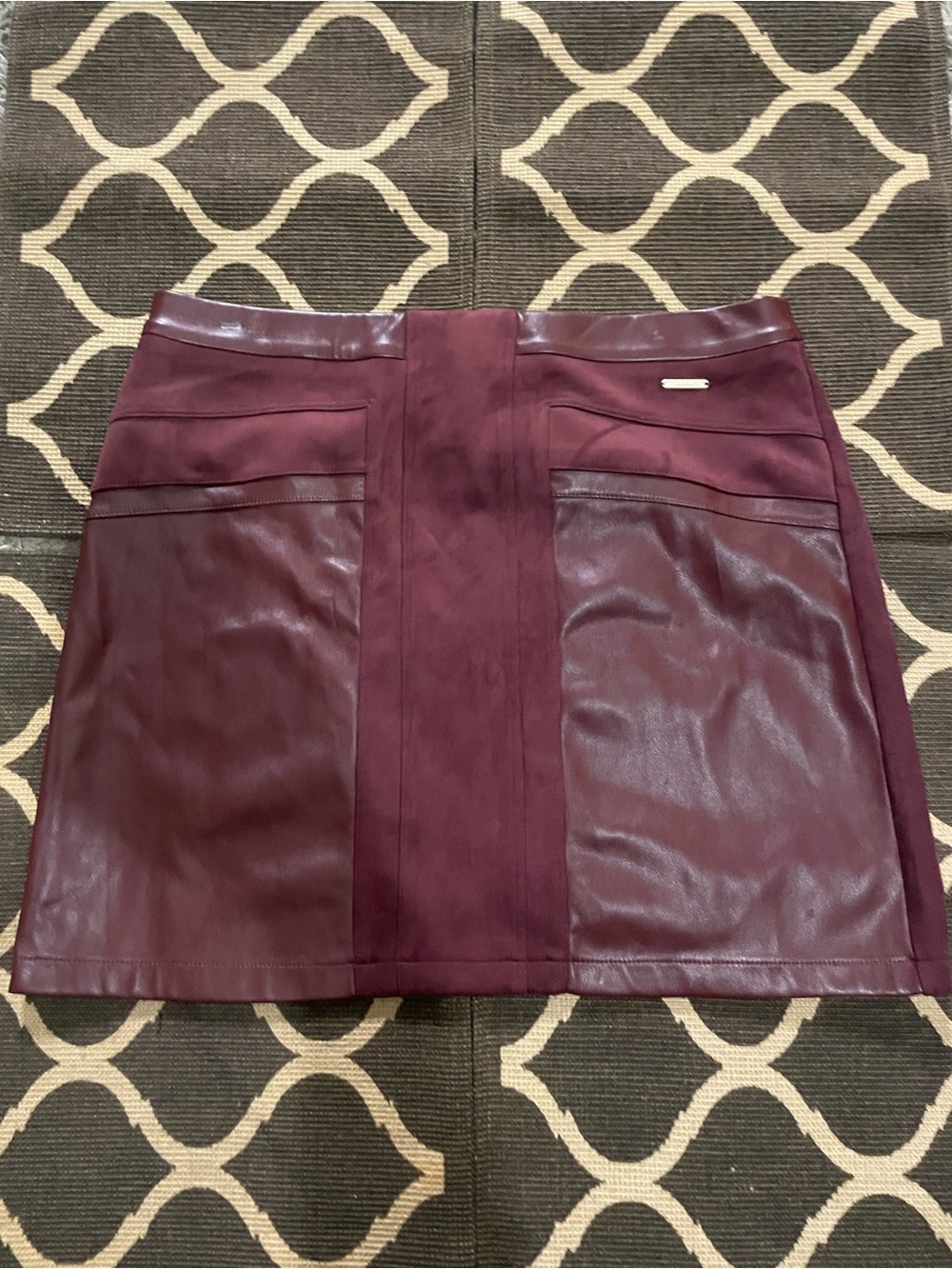 Women's Burgundy Mixed-Material Mini Skirt